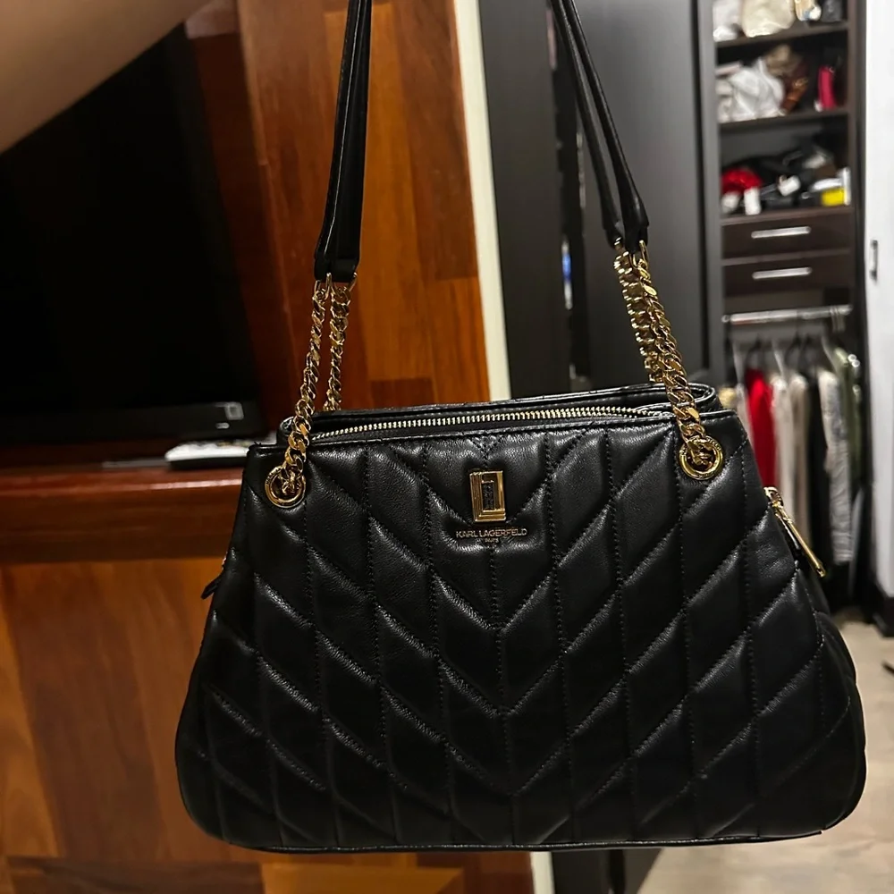 Karl Lagerfeld Black Quilted Shoulder Bag with Gold Chain Detail
